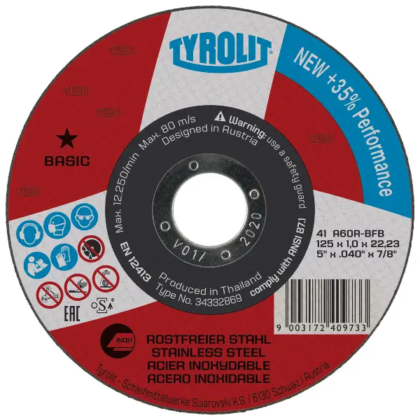 Rezalna plošča jeklo "super tanka" 41, 125x1,0x22,23mm A60R-BFB INOX TYROLIT, Z34332869