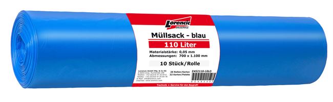Vreča za smeti 110 L modra 10kosov/rola (700x1100mm/deb.0,05mm) 20rol/kart 32kart/pal, Z452110-10LO