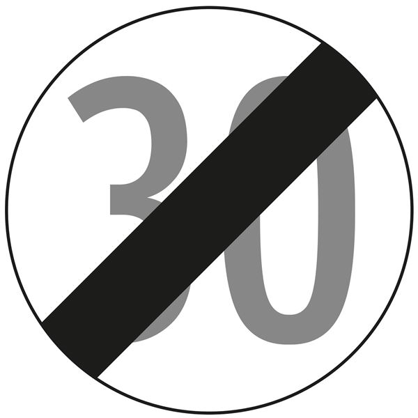 Prometni znak §52/10B, 670/1,5mm, Prenehanje omejitve hitrosti 30 km/h, Z52/10B30-670